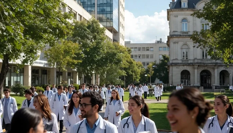 International medical students in white coats on a university campus in Buenos Aires, Argentina.