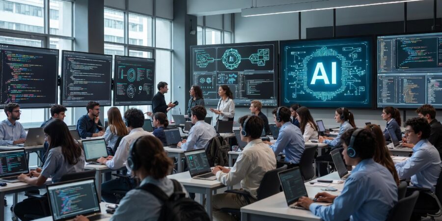 International students in a modern computer science classroom at a university in Buenos Aires, Argentina.