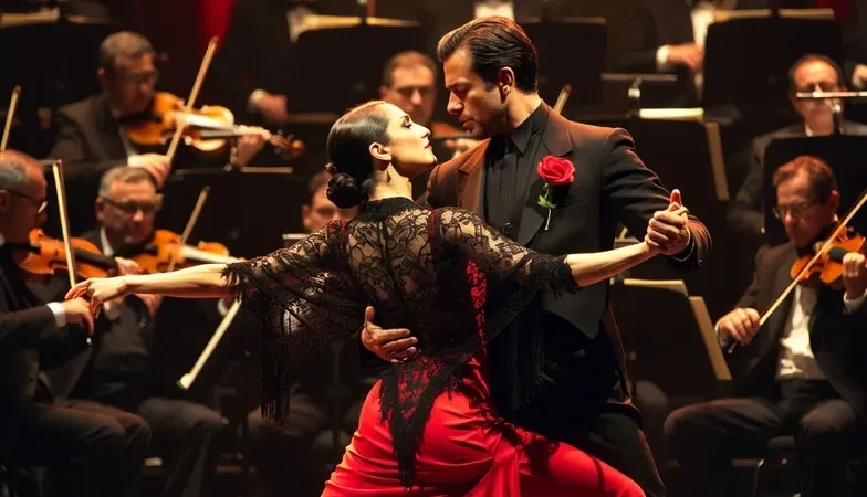 Professional tango dancers performing on stage during a live entertainment show in Buenos Aires.