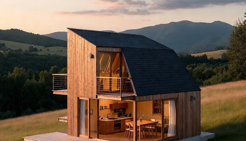 Modern minimalist tiny home located in the Argentine countryside during sunset.