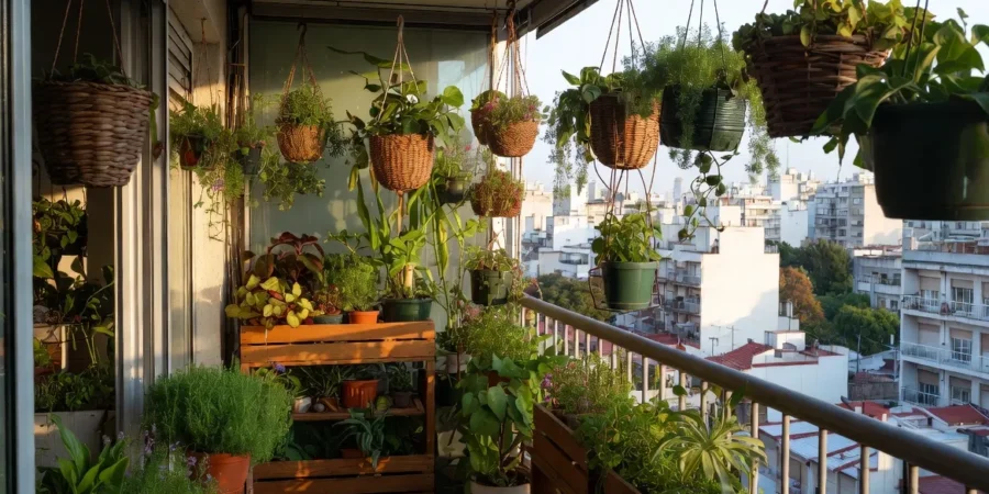 Modern urban balcony garden in Buenos Aires with vertical plants and smart gardening setup
