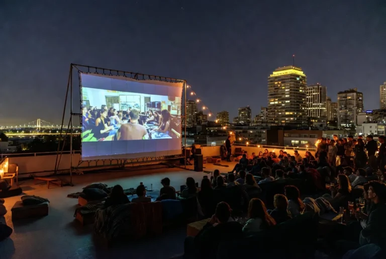 Young crowd enjoying rooftop movie party in Buenos Aires with skyline views at night