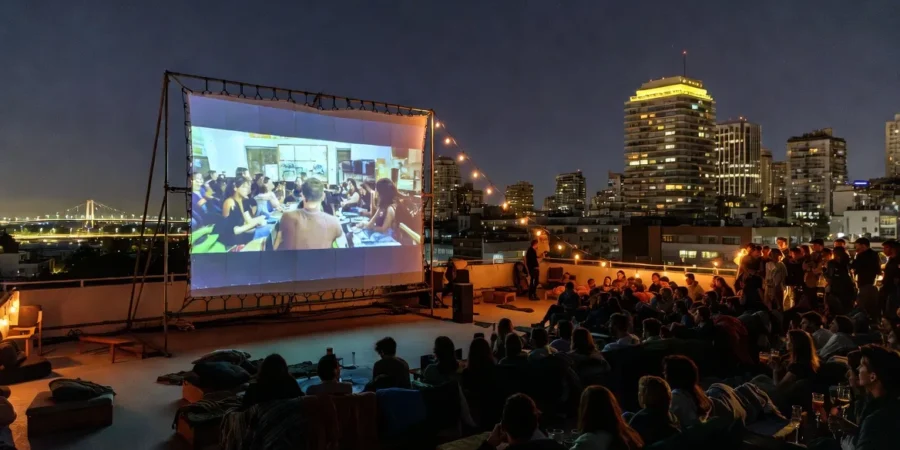 Young crowd enjoying rooftop movie party in Buenos Aires with skyline views at night