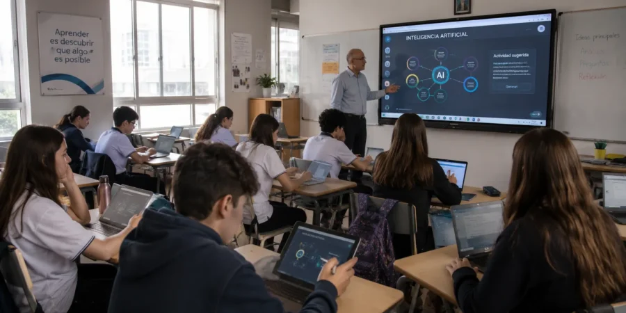 Students in Argentina using AI-powered learning tools in a modern classroom