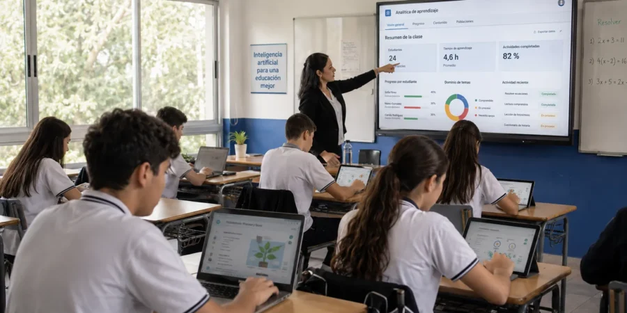 Argentine students using artificial intelligence learning tools in a modern digital classroom