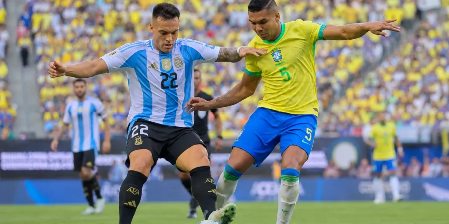 Argentina and Brazil players competing in one of football's greatest rivalries