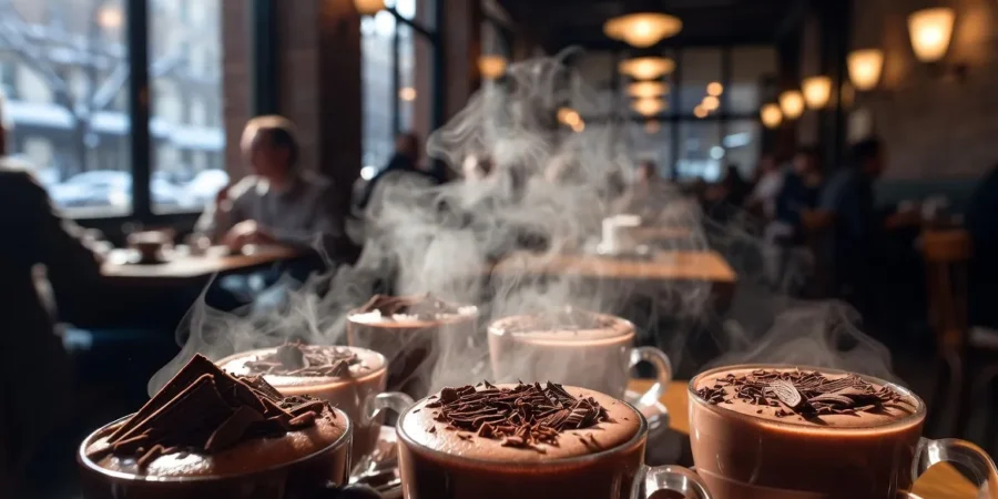 Elegant Argentine café serving gourmet hot chocolate drinks during winter