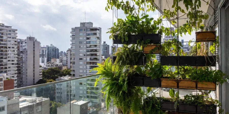 Modern apartment balcony in Buenos Aires featuring vertical garden systems and lush greenery