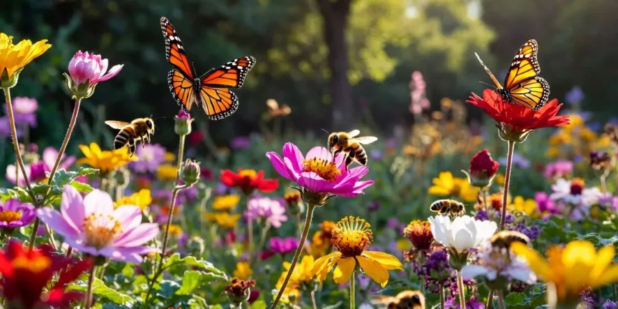 Colorful garden in Argentina filled with flowers attracting bees and butterflies