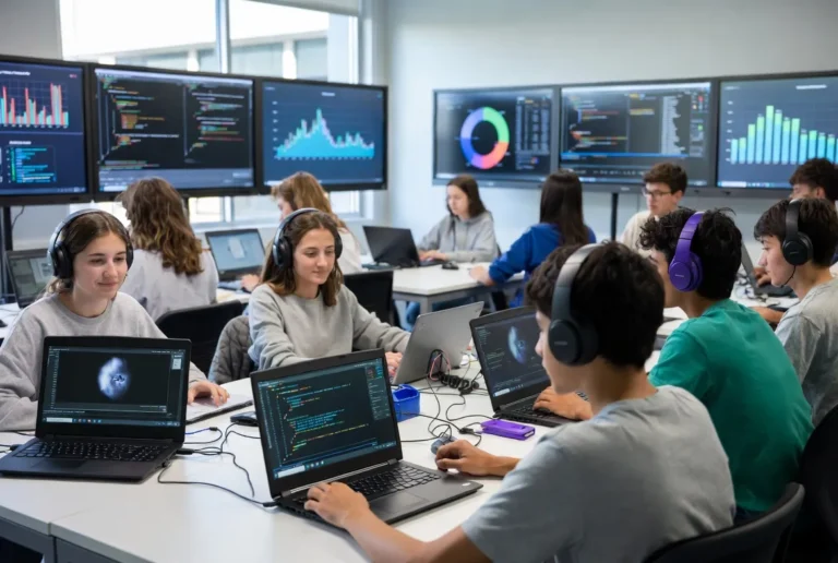 Students in Argentina learning coding and digital technology skills in a modern educational environment