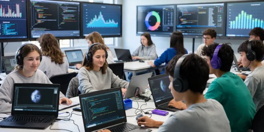 Students in Argentina learning coding and digital technology skills in a modern educational environment